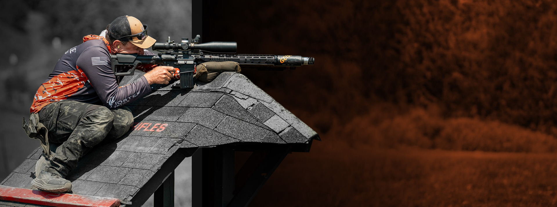 Precision rifle competitor shooting from a rooftop prop